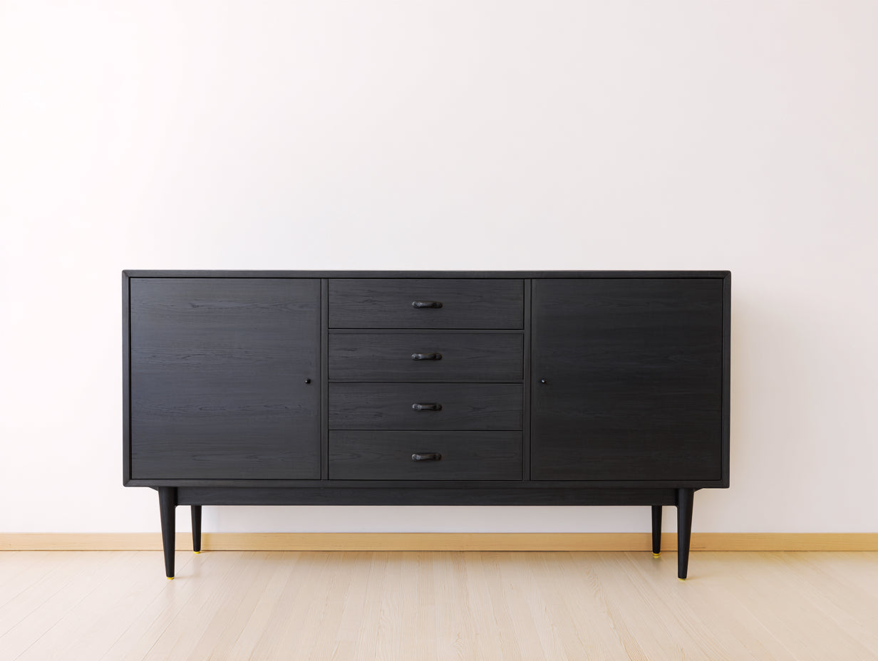 Meuble d'entrée - bois-métal - 176x43x84 cm - noir-doré - rétro contemporain