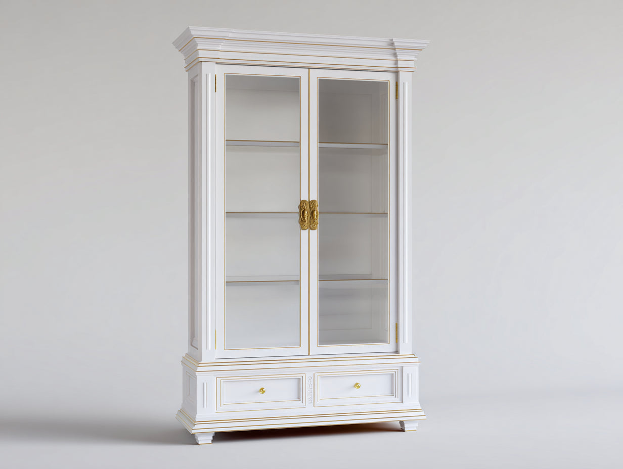 Vitrine-bois-verre-118x48x206 cm-blanc-doré-style classique