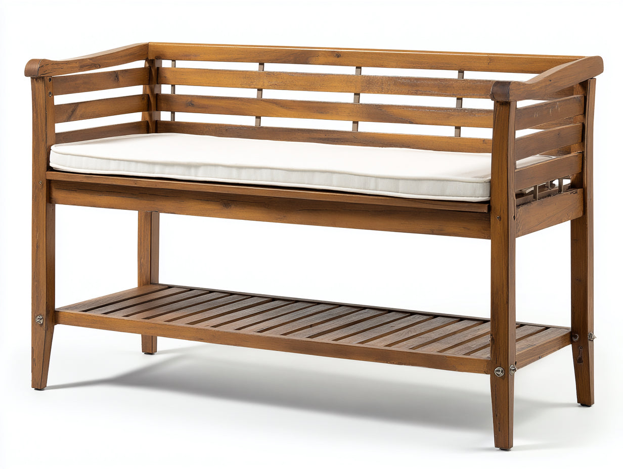 Banc de jardin - bois-tissu - 126 x 55 x 86 cm - marron-blanc - style rustique