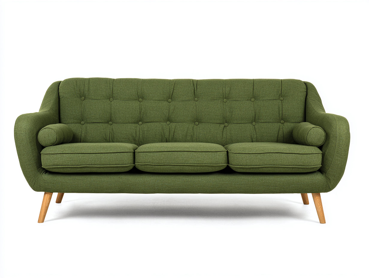 Canapé 3 places - Tissu-bois - 218x86x82 cm - Vert olive-naturel - Rétro