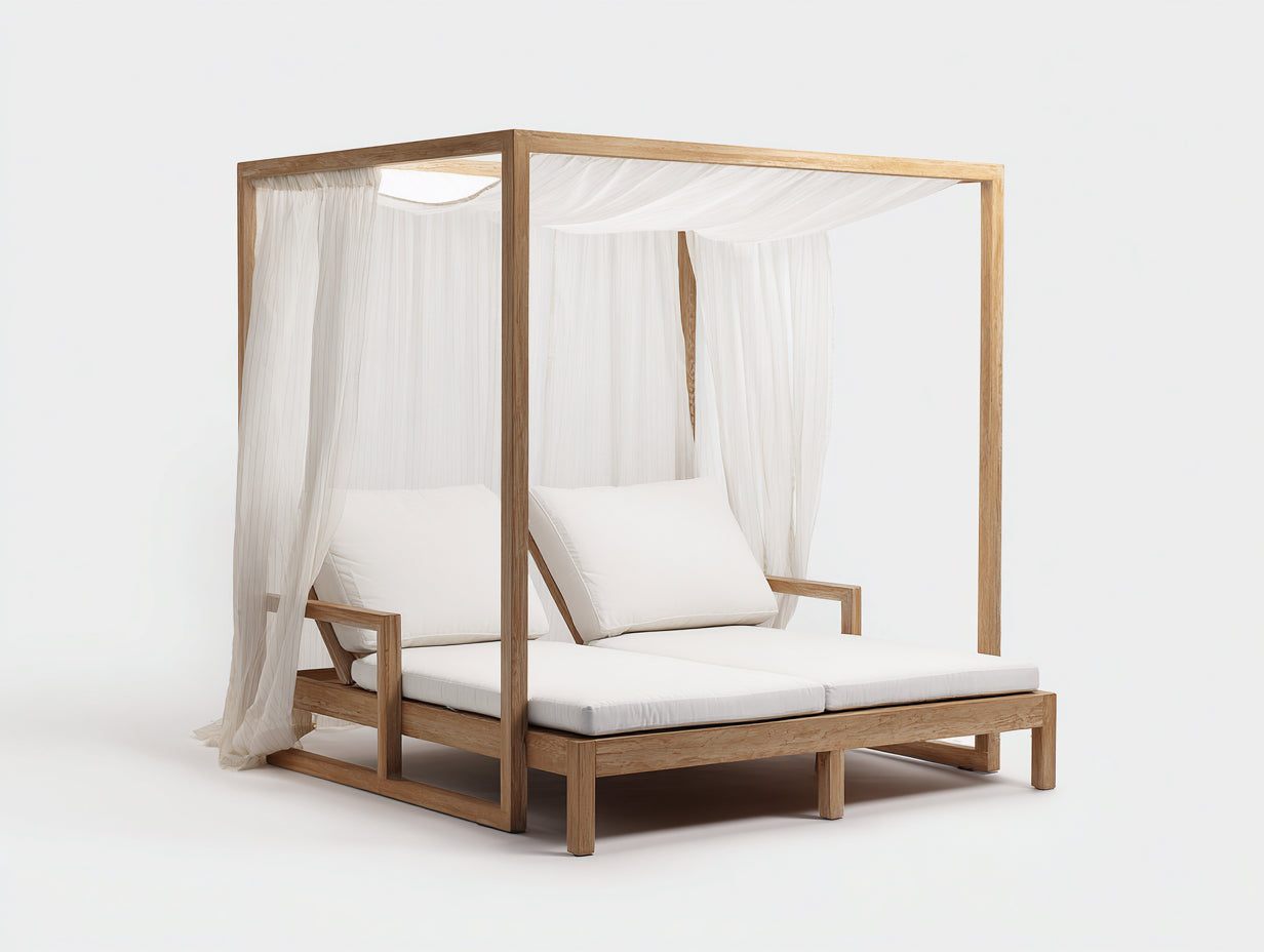 Bain de soleil - bois-tissu - 208x182x202 cm - chêne clair-blanc - style naturel