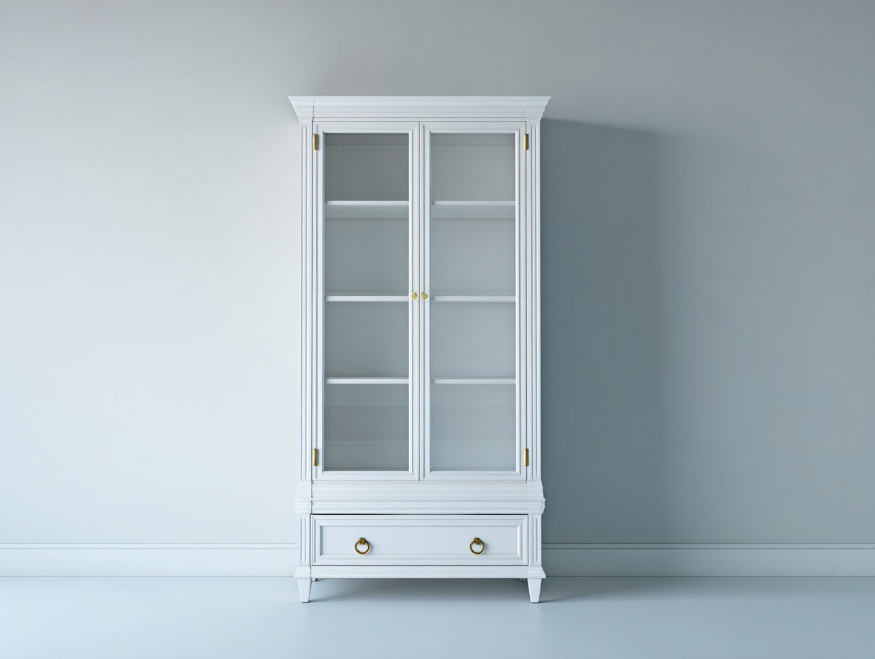 Vitrine-bois-verre-86x40x188 cm-blanc-doré-style classique