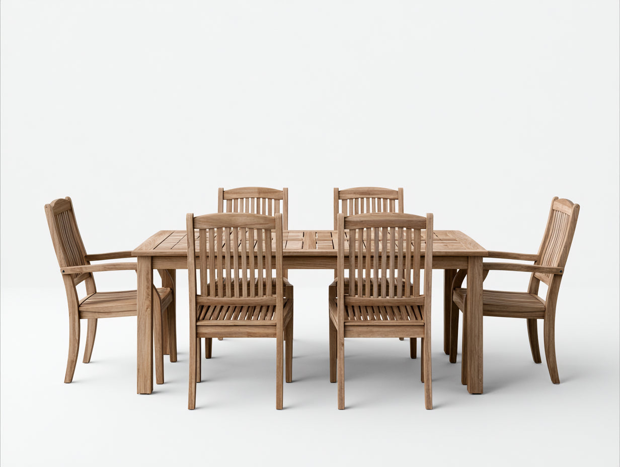 Salon de jardin repas - Bois de teck - 220x100x75 cm - Naturel - Classique