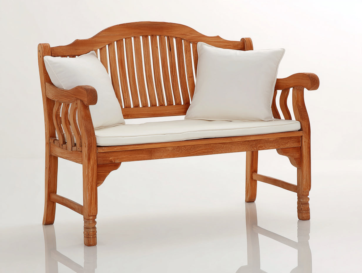 Banc de jardin - bois-tissu - 127 x 55 x 89 cm - marron-blanc - style classique